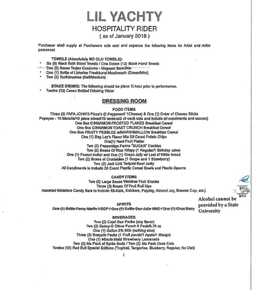 Lil Yachty hospitality rider